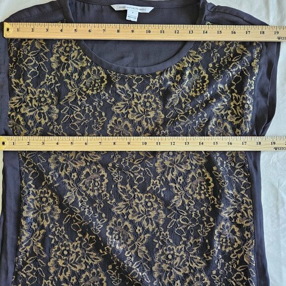 Diane Von Furstenberg Top Womens US 6 Black Gold Lace Silk SS Whimsigoth Boho - Picture 4 of 12